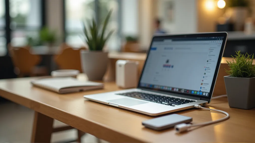Digital nomad tech essentials including laptop, wireless mouse, power bank, and travel charger on a portable workspace.