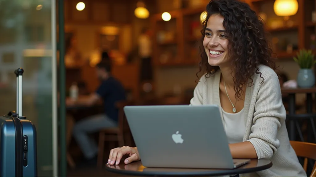A digital nomad smiling and working from a local cafe in an unfamiliar city, with a small suitcase visible nearby, depicting a short-term trial visit to a potential new home.