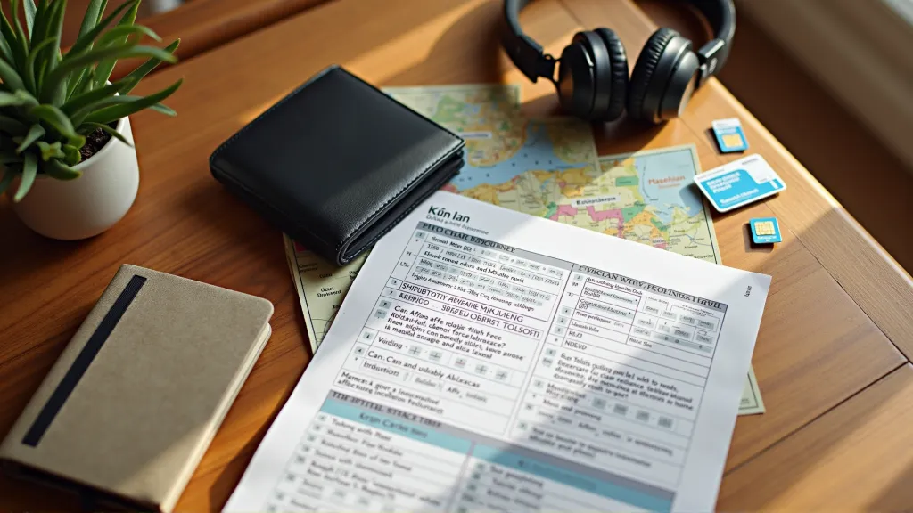 Practical travel accessories including RFID wallet, travel insurance papers, headphones, and SIM cards for digital nomads.