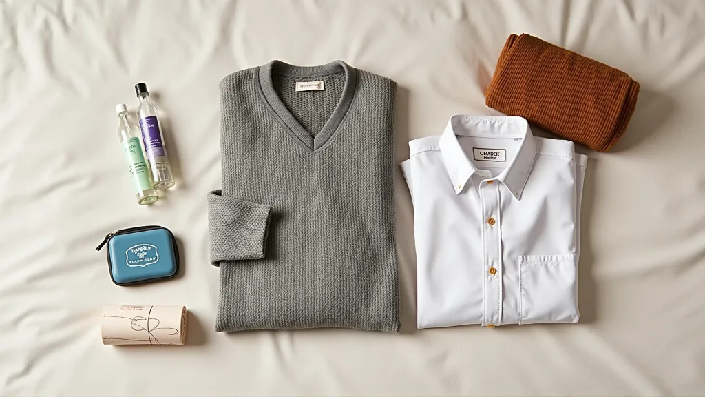 Compact travel clothing and personal care essentials including quick-dry clothes and toiletry kit for digital nomads.