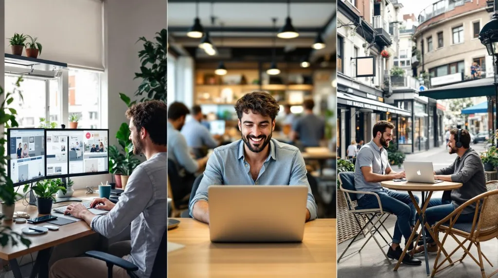 Collage showing home office freelancer, coworking space worker, cafe entrepreneur