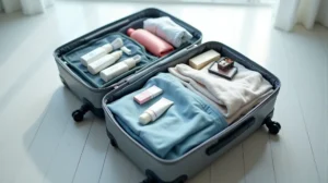 Neatly packed carry-on suitcase with travel-sized toiletries and makeup for efficient packing.