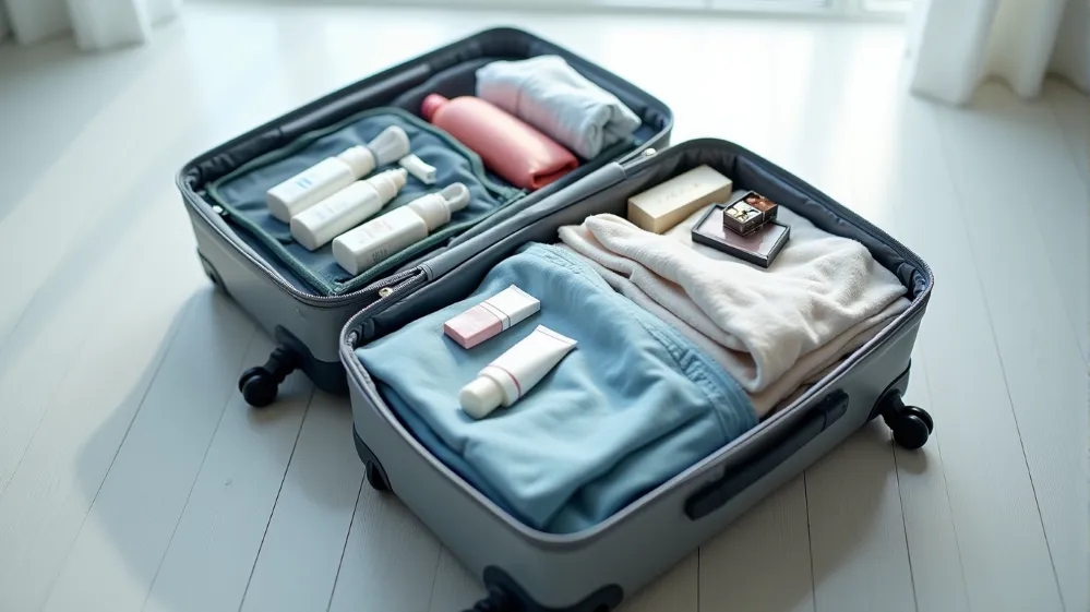 Neatly packed carry-on suitcase with travel-sized toiletries and makeup for efficient packing.