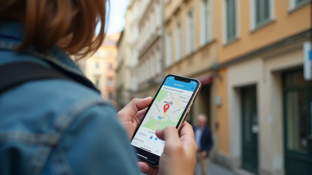 Traveler using a map app to find a laundromat abroad.