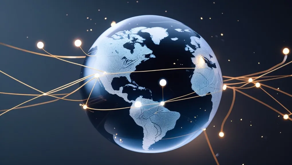 Illustrated globe with network lines and location pins representing future travel trends