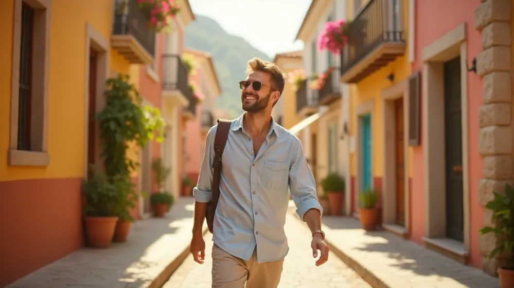 Happy traveler in fresh clothes, showcasing the benefit of travel laundry solutions.
