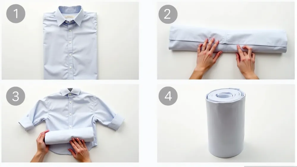 Step-by-step guide showing how to roll a shirt tightly for wrinkle-free packing.