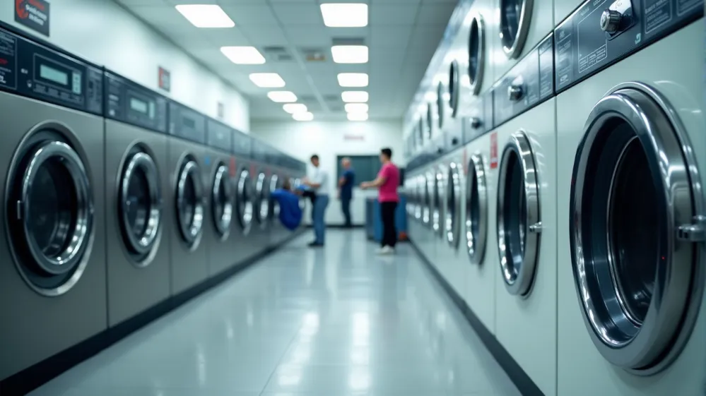 Interior view of a laundromat in Europe with washing machines and dryers.