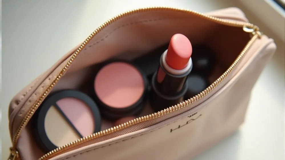 Multipurpose makeup products and a curated selection of essentials packed efficiently for travel.