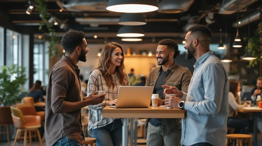 Group of digital nomads networking in a coworking lounge with their digital nomad tips