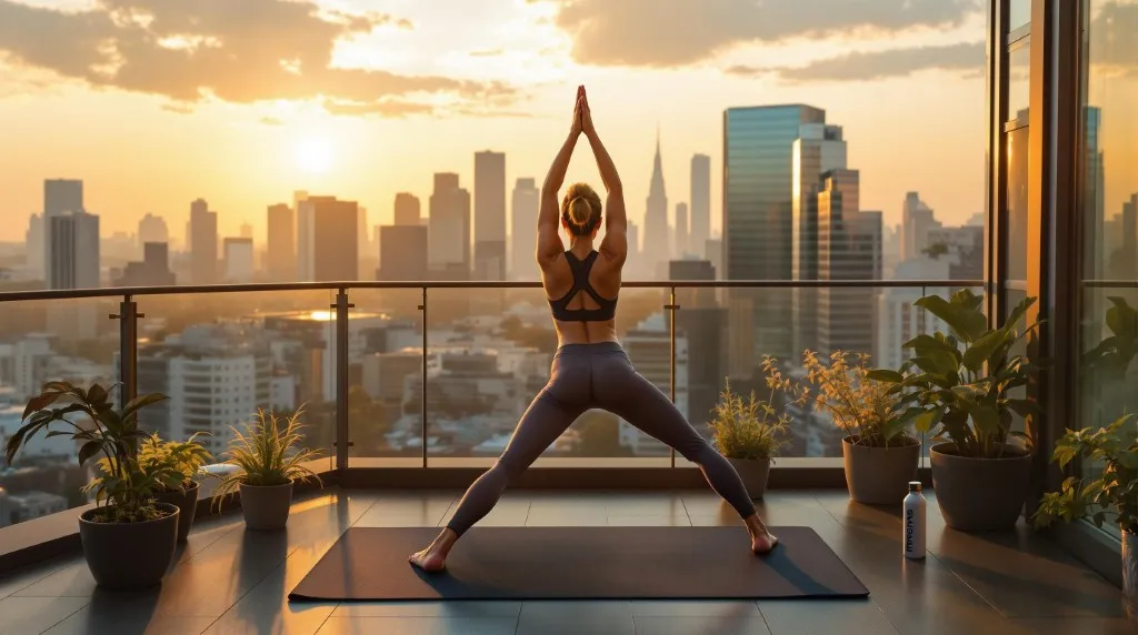 Digital nomad practicing yoga on balcony at sunrise