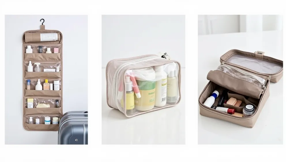 Different types of toiletry bags showcasing organized packing of travel-sized liquids and makeup. Downsizing Liquids for Travel