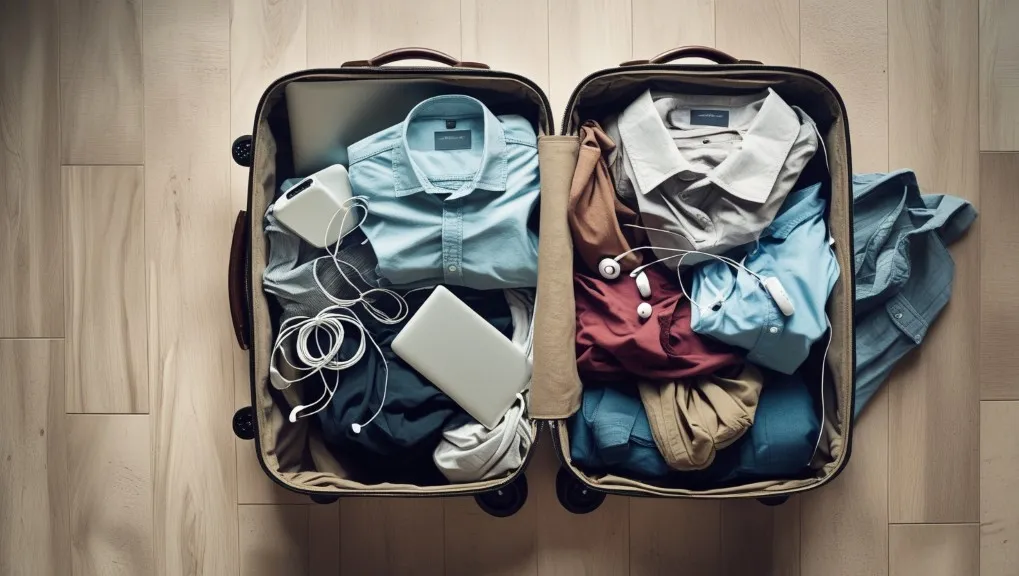 Overpacked suitcase spilling clothes and electronic gadgets which is not a good digital nomad tips