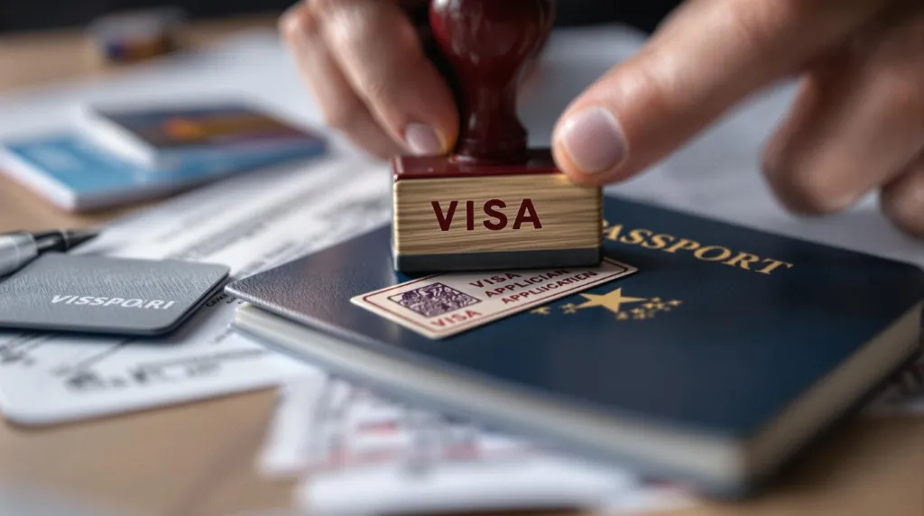 Passport being stamped with visa stamp, credit card and documents nearby