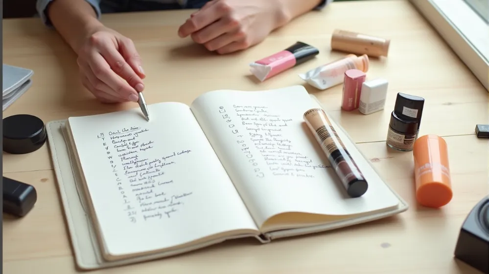 Person making a packing list and selecting essential toiletries and makeup for travel.
