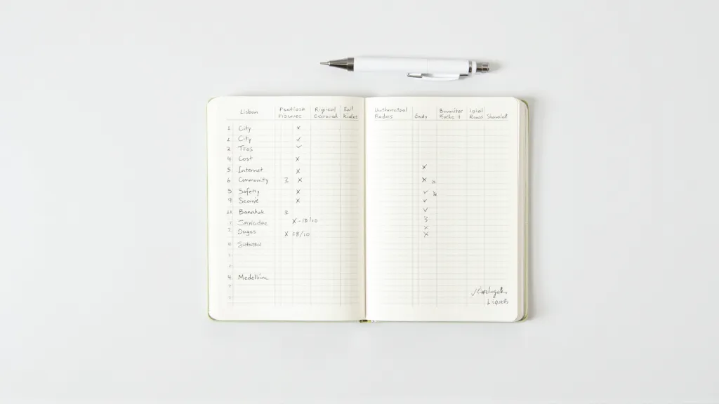 A notebook page with a handwritten table or a simple spreadsheet mockup, showing comparative columns for different cities with checkmarks and scores, symbolizing a personal ranking system for destinations.