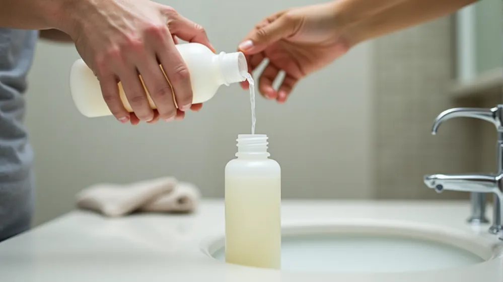 Person refilling a travel-sized toiletry container after returning from a trip. Downsizing Liquids for Travel