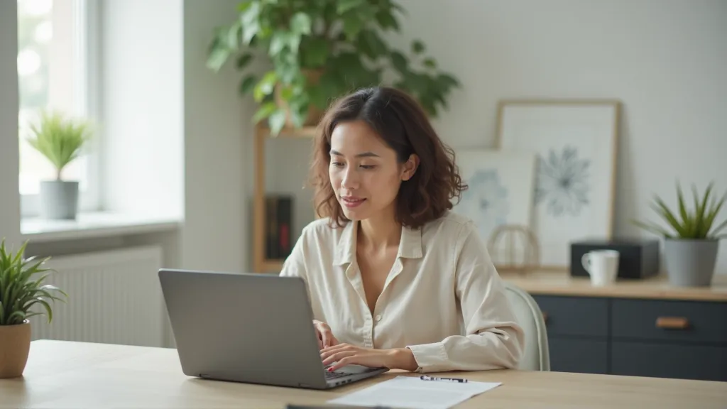 Professional remote employee working on a laptop in a comfortable home office setting, representing stability and flexibility.