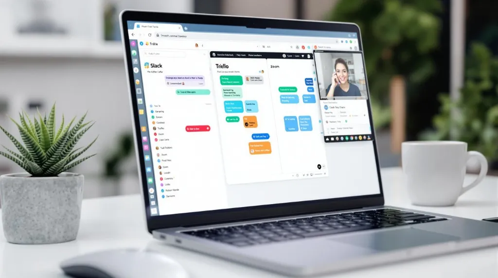 Laptop screen mockup displaying Slack, Trello, and Zoom interfaces as digital nomad tips