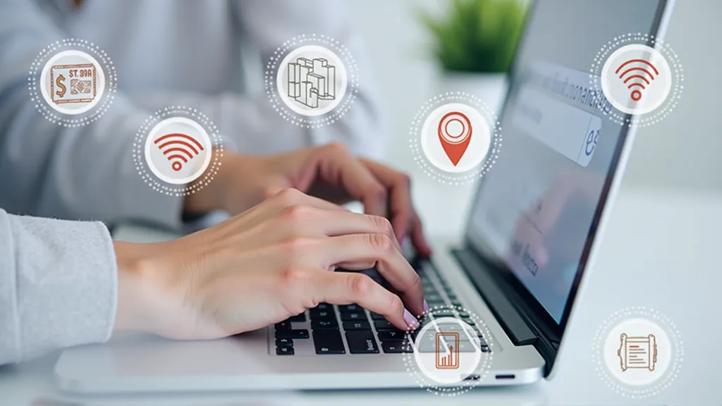 A split image or collage showing hands typing on a laptop researching, with various small icons representing key data points like a visa stamp, a dollar sign, a Wi-Fi symbol, and a map pin, illustrating thorough destination research.