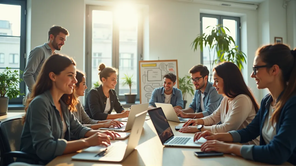Diverse group of young professionals collaborating on laptops in a modern co-working space, representing the global and connected nature of the evolving remote workforce.