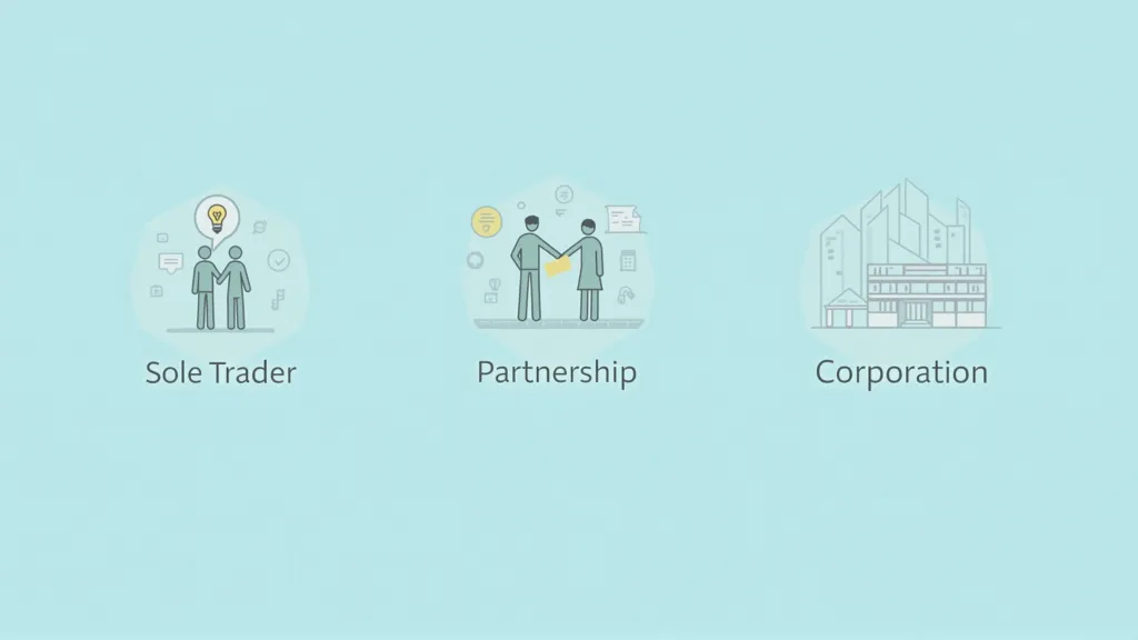 Illustrations representing different self-employment structures: a solo individual (sole trader), two people collaborating (partnership), and a company building (limited company).