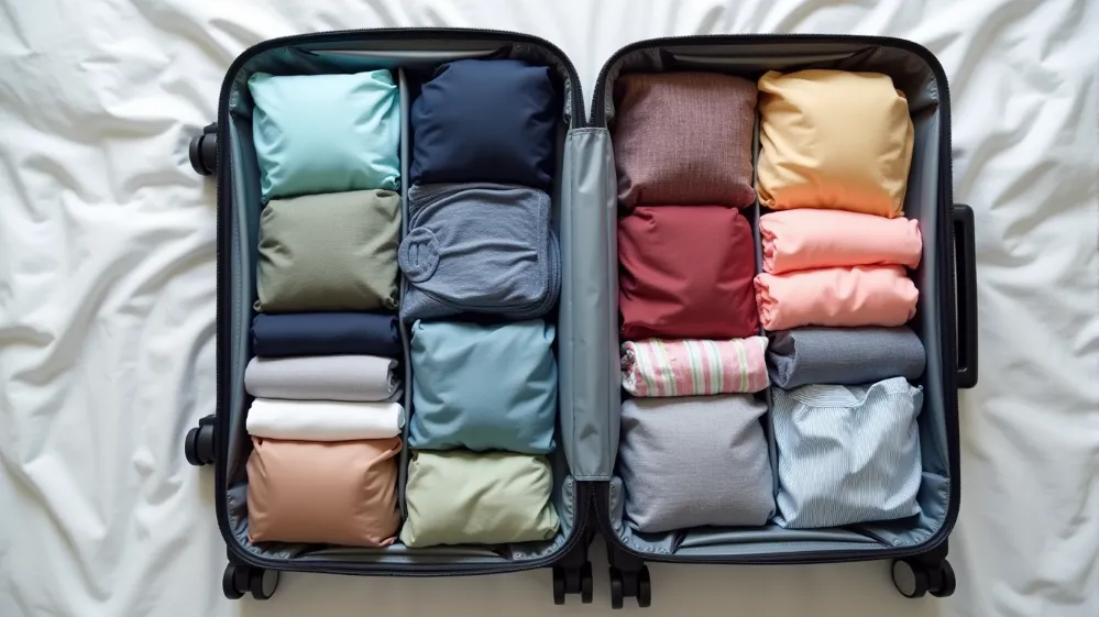 Smart packing using packing cubes to organize travel clothes.