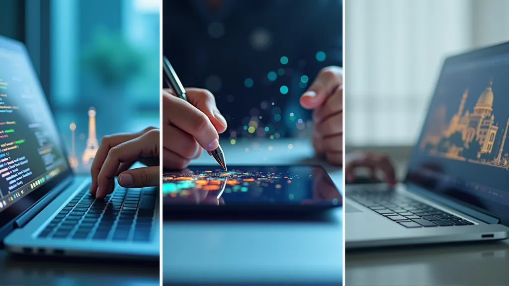 A collage or split image showcasing different tools and settings: a laptop with code on screen, a graphic tablet with digital art, and a person on a video call, all against a background of global travel icons.