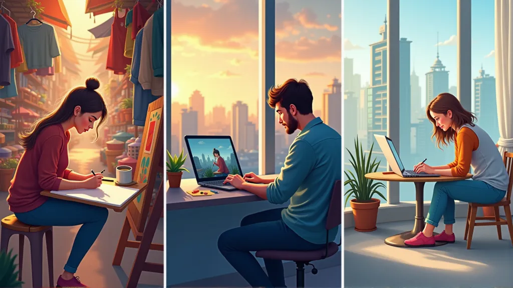 Three distinct vignettes: a creative person sketching in a vibrant market, a developer coding on a balcony overlooking a city skyline, and a coach leading a virtual session from a peaceful co-working space.