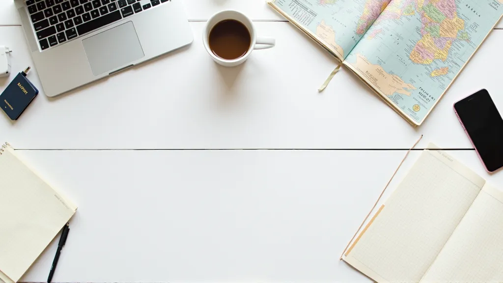 A set of actionable icons or a flat-lay photograph showing essential digital nomad gear (lightweight laptop, external battery, passport, notebook) next to a world map and a calendar.