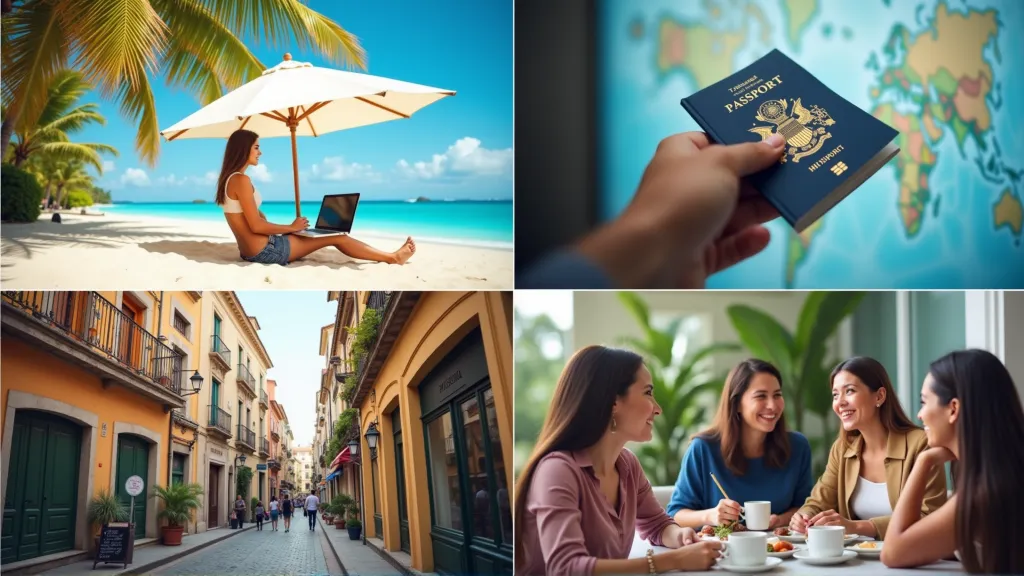 Collage of various scenes depicting digital nomad benefits: a person working on a beach, someone exploring a vibrant city, a hand holding a passport, and diverse individuals networking, highlighting the multifaceted advantages.
