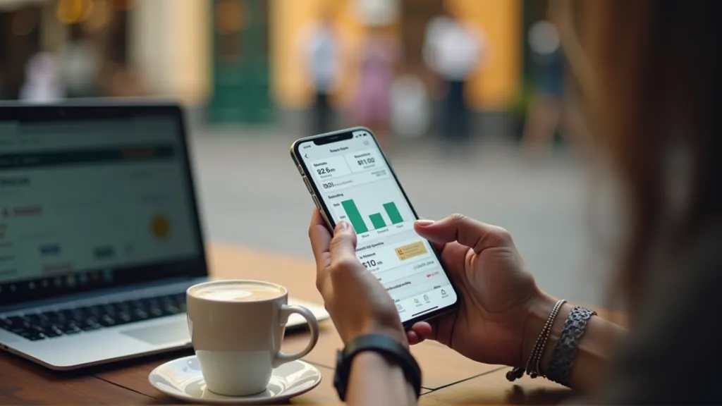 Tracking expenses abroad using a budgeting app on a smartphone in a foreign café.