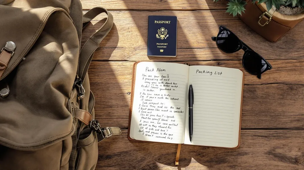 Travel backpack, passport, and planning notebook on wooden table