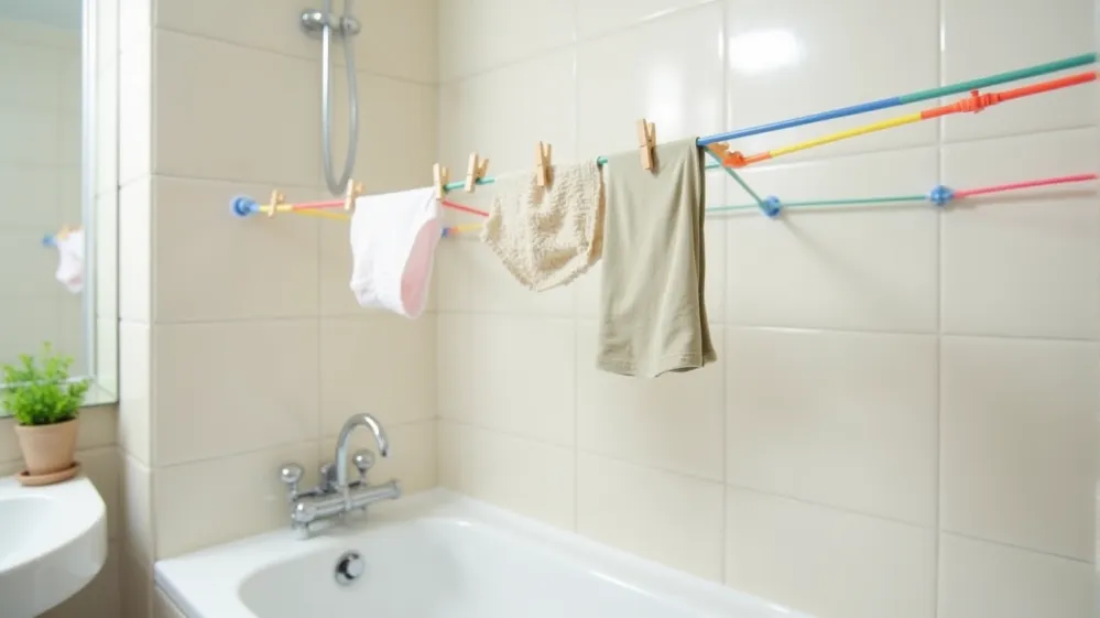 Clothes drying on a travel clothesline in a hotel bathroom.