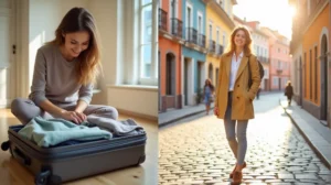 Traveler efficiently packing light for a trip and enjoying clean clothes abroad, highlighting travel laundry solutions.