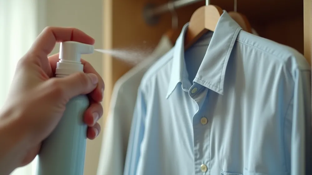 Applying wrinkle-release spray to quickly remove wrinkles from a shirt while traveling.