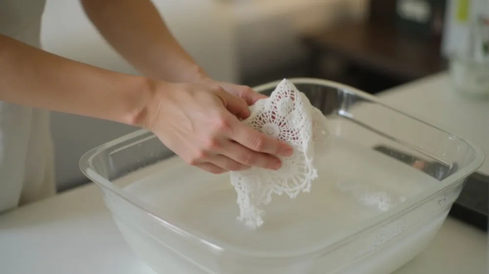 Traveler gently hand washing a delicate clothing item.