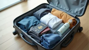 Neatly packed suitcase with wrinkle-free clothes and travel accessories, symbolizing easy and sharp travel style.