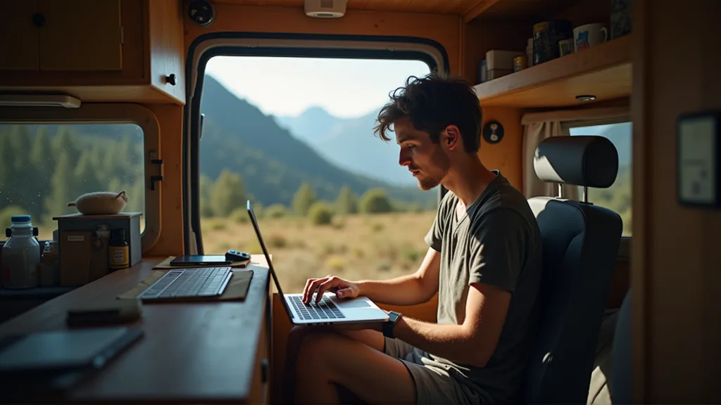 Digital nomad working from a converted van on the road, representing alternative remote accommodation options. coliving vs apartments vs hostels