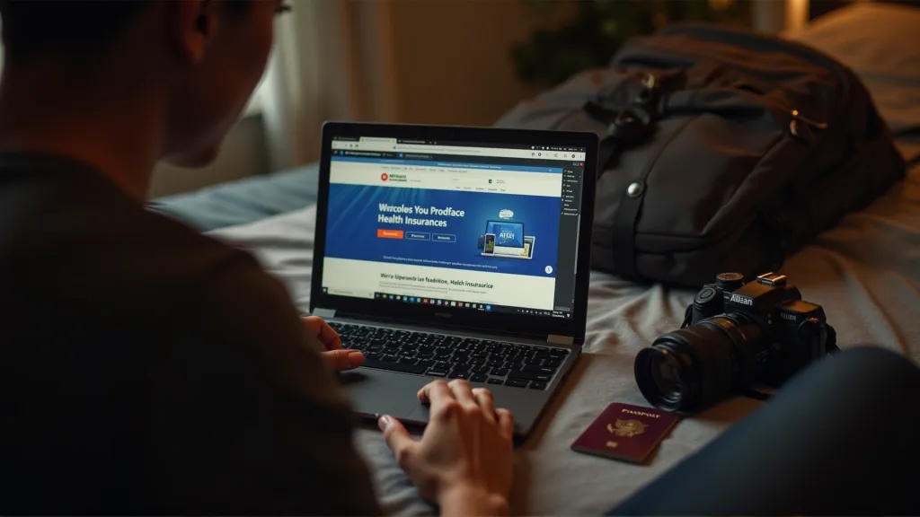 Digital nomad comparing health insurance providers online while planning international travel