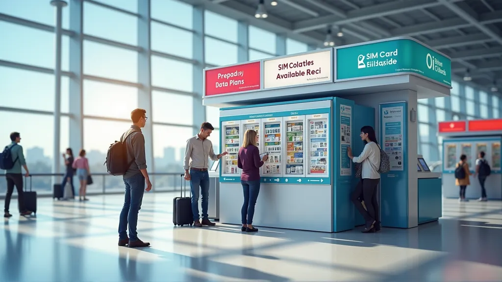 Airport kiosk displaying local SIM cards and data packages for international travelers
