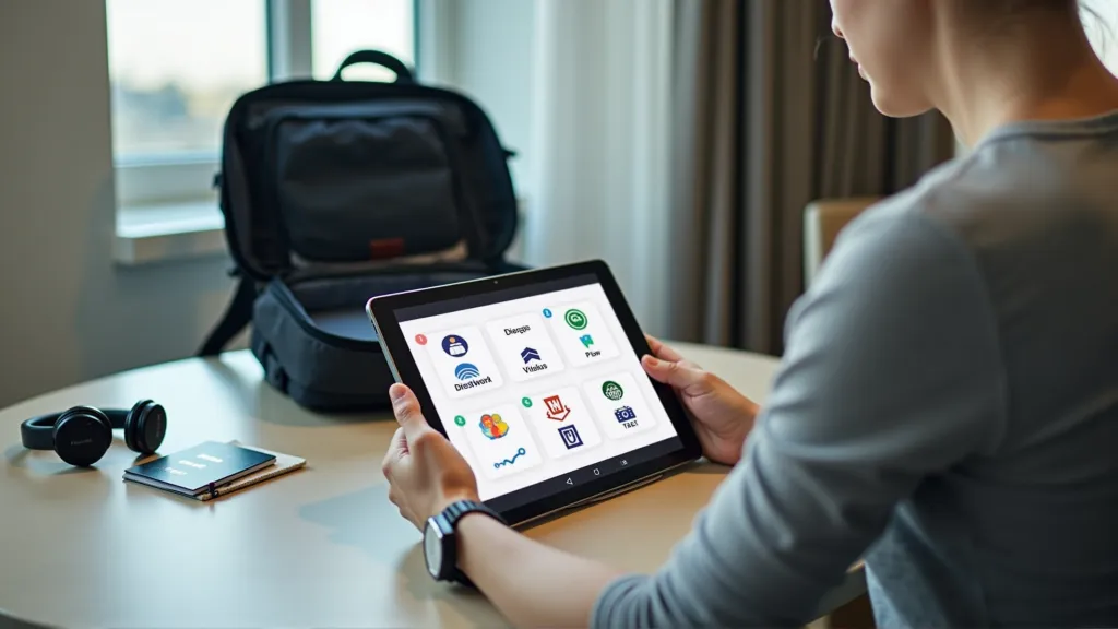 Digital nomad comparing different VPN apps on a tablet while preparing for travel