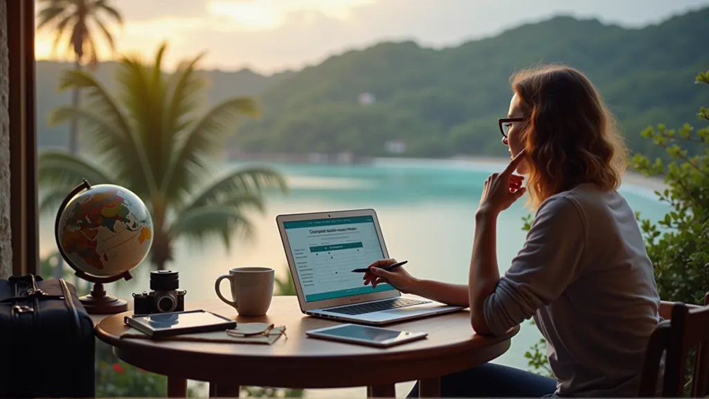 Digital nomad researching global health insurance options on a laptop for telehealth coverage.