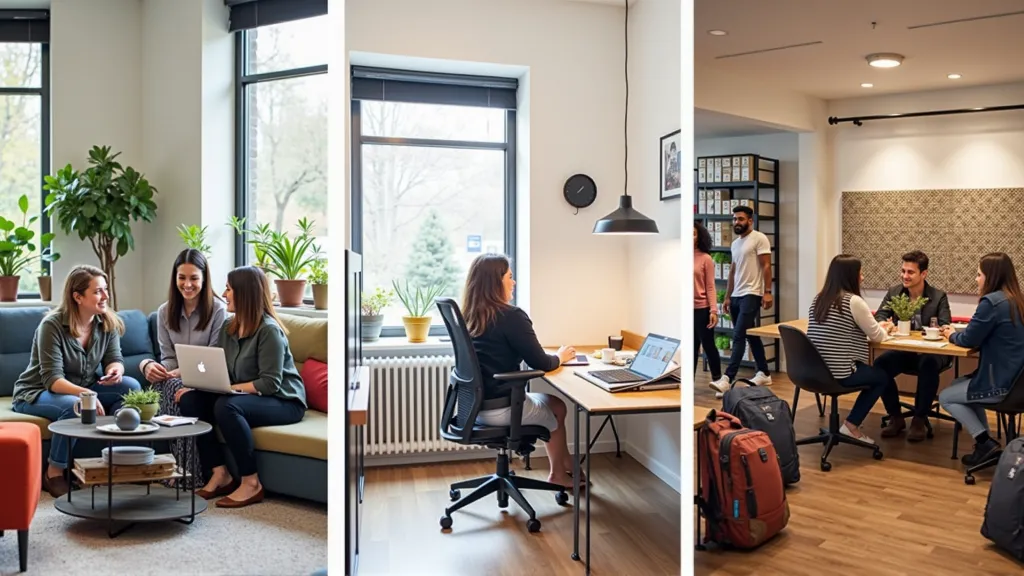 Side-by-side images of a coliving space, private apartment, and lively hostel showcasing accommodation types for digital nomads