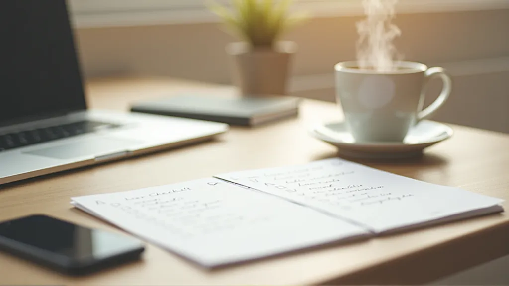 Digital nomad’s checklist on a planner next to laptop and coffee, symbolizing accommodation decision planning. coliving vs apartments vs hostels