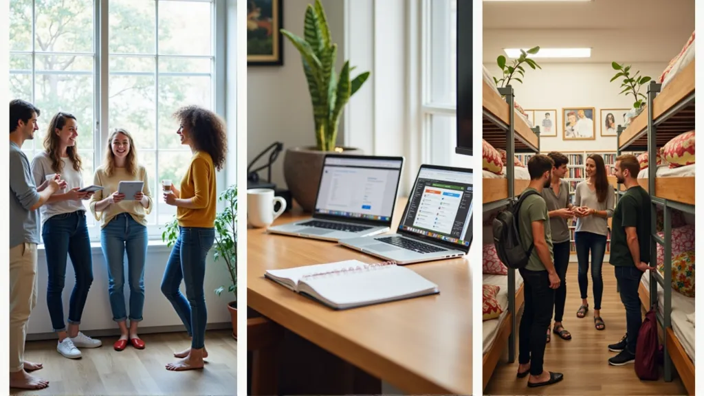 Collage showing digital nomad accommodation options: coliving community space, private apartment workspace, and hostel social area