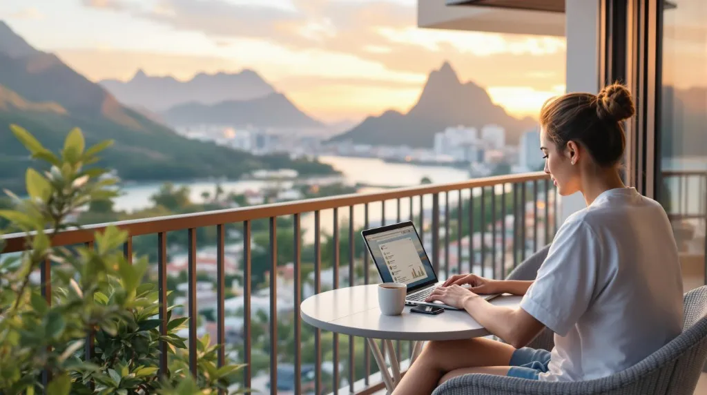 Digital nomad working on a laptop from a balcony overlooking a scenic long-term rental location