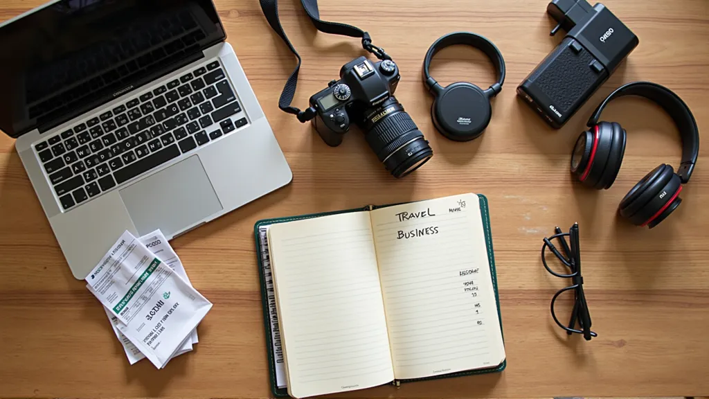 Flat-lay of essential remote work tools commonly claimed as deductions by digital nomads. managing your taxes as a digital nomad