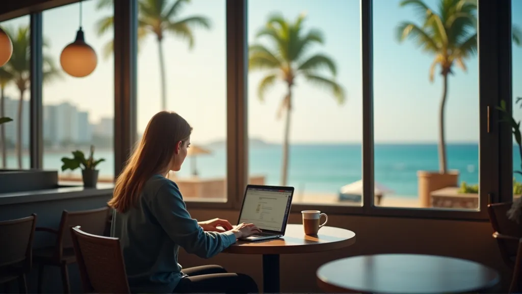 Remote worker using laptop in a café with scenic view, representing flexible digital nomad lifestyle