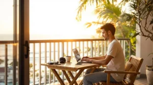 Digital nomad working on a laptop during sunrise, setting a peaceful tone for a productive day on the road.